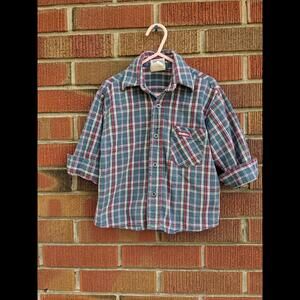 3T Vintage OshKosh Blue Plaid Flannel Button-Up Shirt, Made in Canada, 1990s
